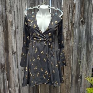 Lulu's Black & Gold Wrap Dress,  bell sleeves,  XS